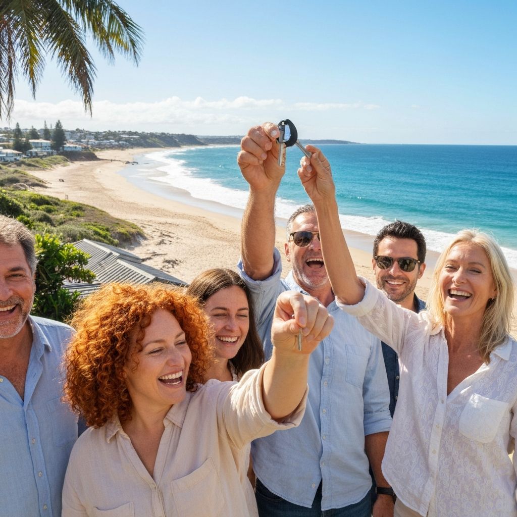 Happy people celebrating with house keys