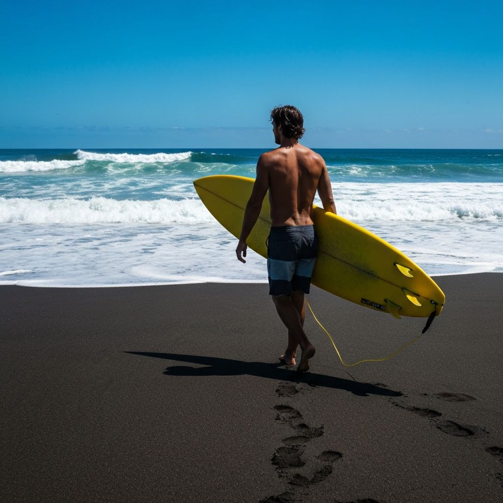 Person with surfboard looking at ocean landscape